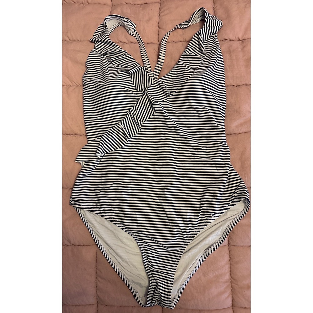 Nip Tuck Swim Womens Navy Stripe One Piece Swimsuit Ruffle Tie Front,‎ Size 10